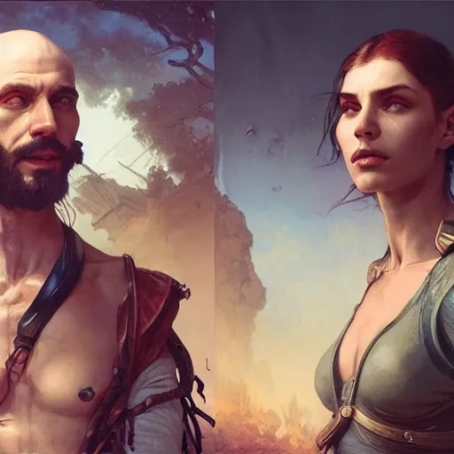 Prompt: portrait painting of a futuristic rugged male and female stood next to each other, colonisation, model pose, ultra realistic, concept art, intricate details, eerie, highly detailed, photorealistic, octane render, 8 k, unreal engine. art by artgerm and greg rutkowski and alphonse mucha