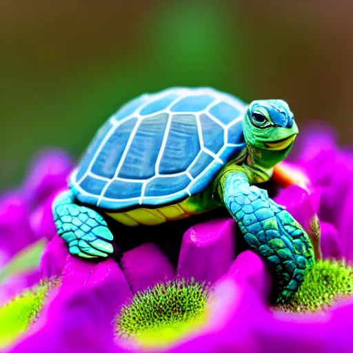 Image similar to a picture of a turtle hugging a flower, vivid colours, depth of field, 50mm