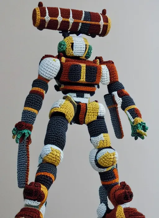 Image similar to a crochet mecha, realistic, no cropping, full body, Sigma 50 mm f/1.4