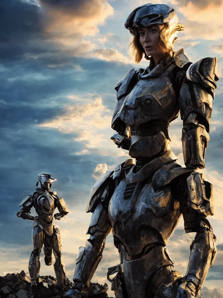 Prompt: emily blunt in futuristic power armor, close up portrait, solitary heroic figure, standing atop a pile of rubble, holding a sword on her shoulder, sunset and huge cumulus clouds behind her