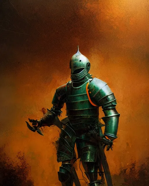 Prompt: Hyper realistic painting of a knight in a rusted full plate armor, green and orange rust, hyper detailed, thunderstorm, midnight, volumetric lighting, creepy atmosphere, by greg rutkowski