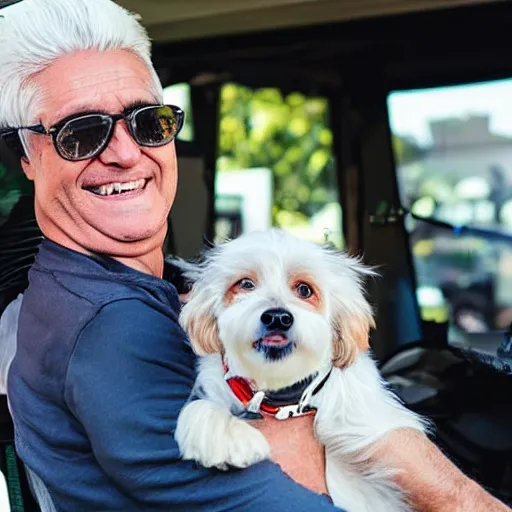 Prompt: old man with white hair drives wildly in a golf cart with his small dog in the passenger seat