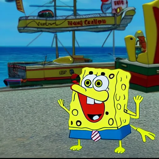 Prompt: SpongeBob comes flying out of the ocean as a result of the demolition derby, once again briefly seen in his live-action sponge form, Realistic, HDR, HDD, Unreal Engine 5, Real Event