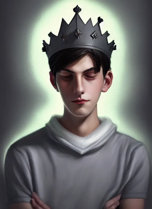 Image similar to portrait of teenage jughead jones wearing a light grey crown, photorealistic, crown, eyes closed, crown, black hair, intricate, elegant, glowing lights, highly detailed, digital painting, artstation, concept art, smooth, sharp focus, illustration, art by wlop, mars ravelo and greg rutkowski