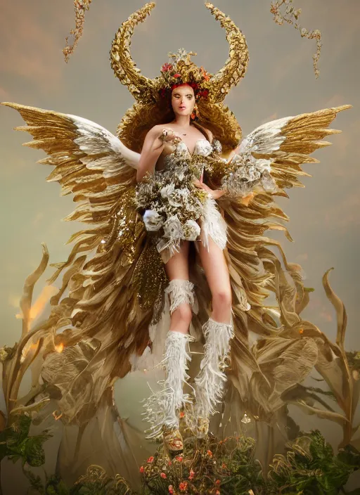 Image similar to full body environmental portrait photo of a goddess as angel, ornate headpiece made from flowers, ornaments, glamour shot by gemmy woud - binnendijk, chris knight, photorealistic, canon r 3, fashion photography, ornate, elegant, luxury and elite, symmetrical features, octane render, unreal engine, solid dark grey background, dramatic lights