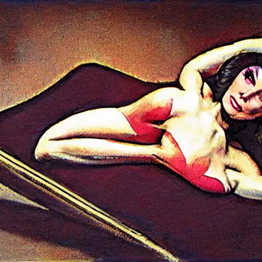 Image similar to playful by neal adams. a body art of a woman reclining on a bed.