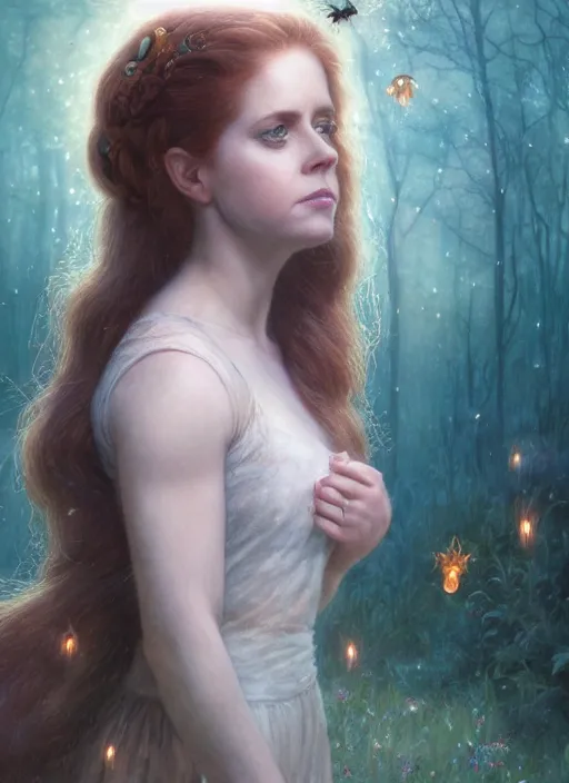 Image similar to Amy Adams staring into the camera, misty wisps, fireflies, Lilia Alvarado, Sophie Anderson, Mark Arian, Bob Byerley, Charlie Bowater, Mark Brooks, Steve Henderson, Justin Gerard, Arthur Hughes, Edward Robert Hughes, Mark Keathley, Victor Nizovtsev, Carlos Shwabe, Ross Tran, WLOP