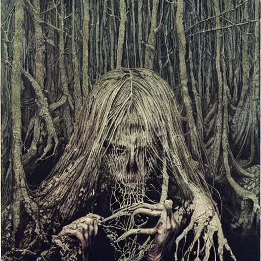 Image similar to ! dream creepy old witch house, ghosts in a dark forest, high detailed beksinski painting, by adrian ghenie and gerhard richter. art by takato yamamoto. masterpiece, deep colours.