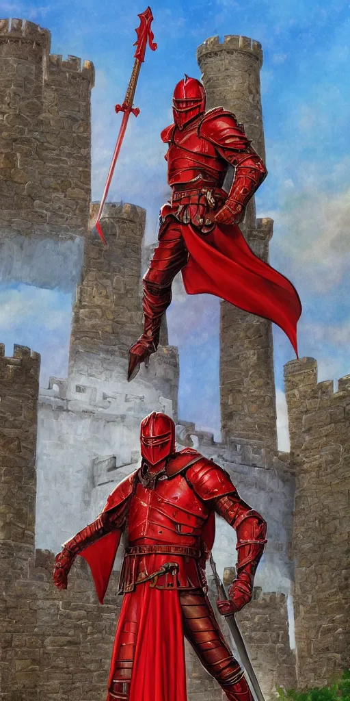 Image similar to The Red Knight stands guard over the castle's gate, fantasy, artstation, highly detailed, 4k, digital painting, portrait by Larry Elmore