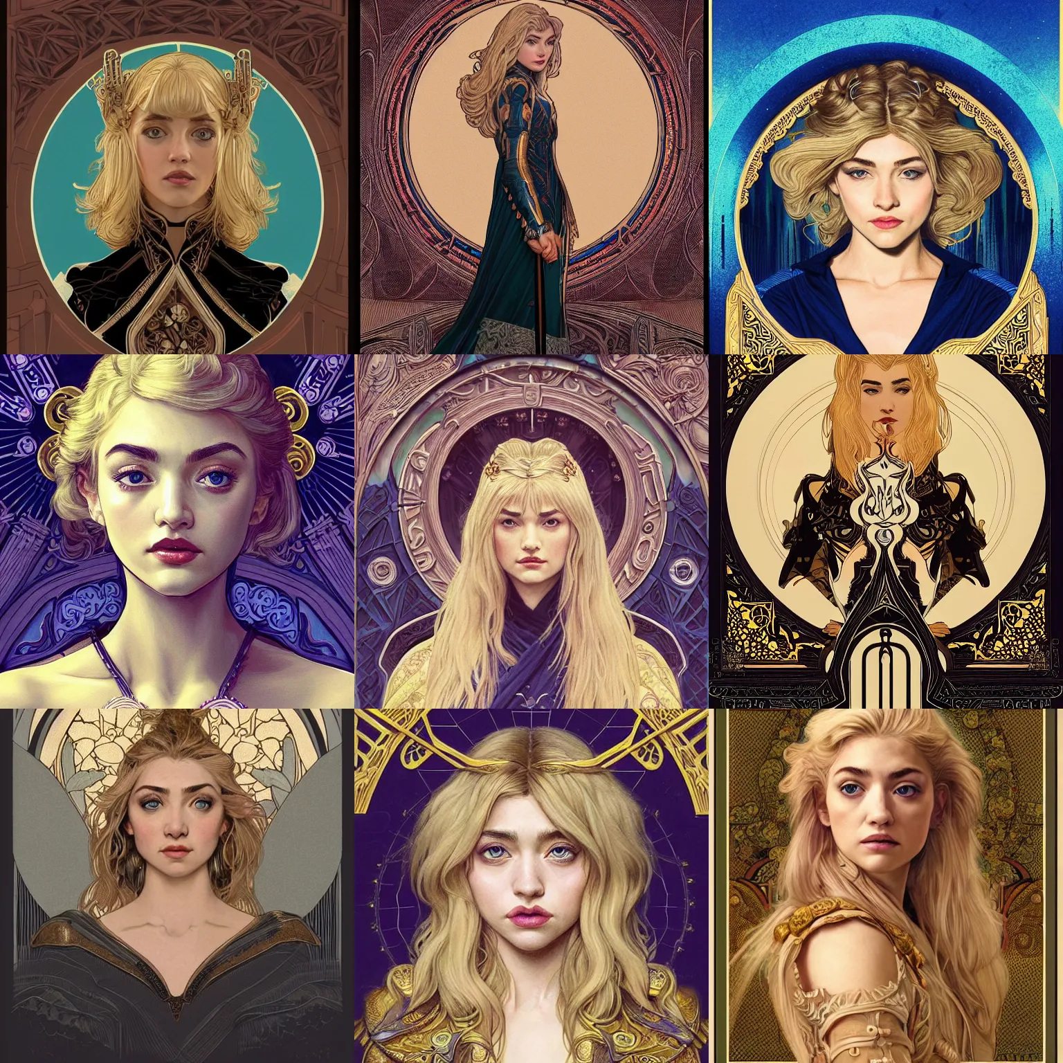 Prompt: front facing symmetrical centered portrait, Imogen Poots as a Paladin, blonde hair, Art Nouveau, beautiful retro Fantasy heroine 1985, movie poster, intricate, elegant, highly detailed, centered, digital painting, trending on artstation, concept art, smooth, sharp focus, illustration, art by raphael lacoste, eddie mendoza, Mucha, Klimt, alex ross, WLOP