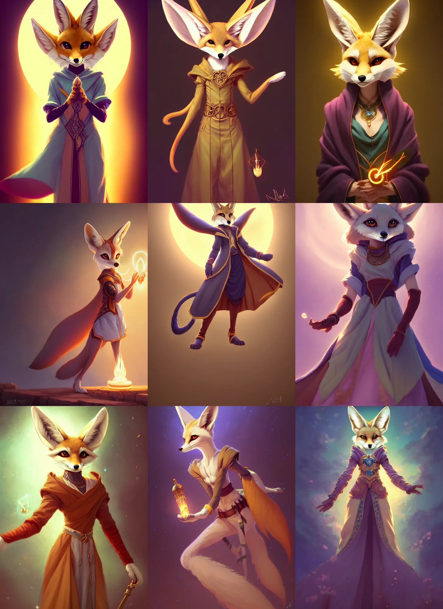 Prompt: wide angle beautiful full body portrait of a strong female anthropomorphic anthro fennec fursona wearing ornate wizard robes casting a healing spell. character design by disney, anime, manga, charlie bowater, ross tran, artgerm, and makoto shinkai, detailed, soft lighting, rendered in octane