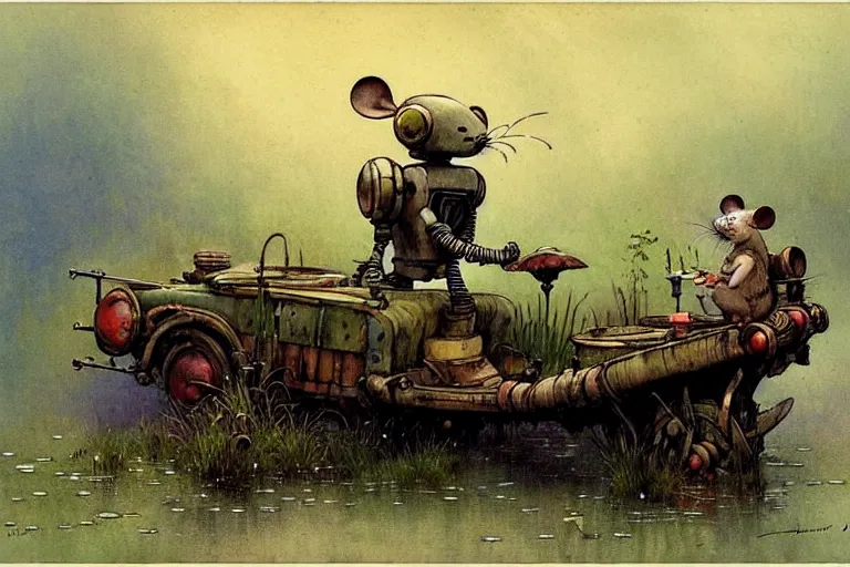 Prompt: adventurer ( ( ( ( ( 1 9 5 0 s retro future robot mouse wagon vehical home. muted colors. swamp. water lilies ) ) ) ) ) by jean baptiste monge!!!!!!!!!!!!!!!!!!!!!!!!! chrome red