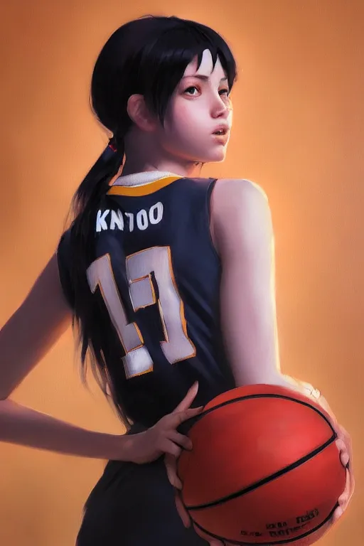 Prompt: A ultradetailed beautiful panting of a stylish girl wearing a basketball jersey, Oil painting, by Ilya Kuvshinov, Greg Rutkowski and Makoto Shinkai