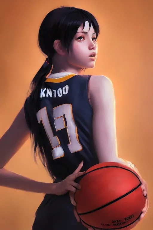 Image similar to A ultradetailed beautiful panting of a stylish girl wearing a basketball jersey, Oil painting, by Ilya Kuvshinov, Greg Rutkowski and Makoto Shinkai