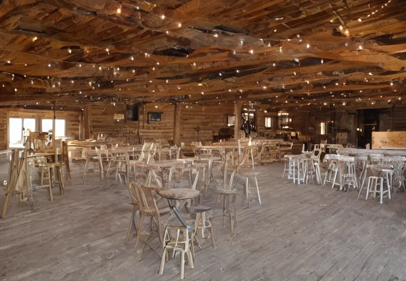 Image similar to 30ft x 50ft interior barn renovation as intimate folk music event space with bar and cafe tables 8k photorealistic