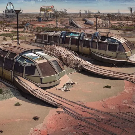 Image similar to post - apocalyptic epcot center, wasteland, barren, monorail, abandoned, walt disney world, highly detailed, intricate, 8 k