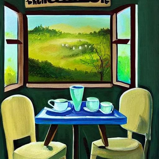 Image similar to “ nostalgic painting of a breakfast table with a steaming cup of coffee and a newspaper. the window behind it shows a green idyllic hill with a road on it, and families walking to school ”