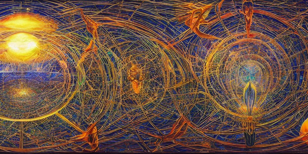 Image similar to dome syndrome is a mental projection of a self - contained vessel of light, constructed by one's own mental perceptions, however, this liberating space often turns out to be a limiting condition for exploring what truly lies beyond, volumetric lighting and shadows, concept art, biomechanical, realistic oil painting by alex grey