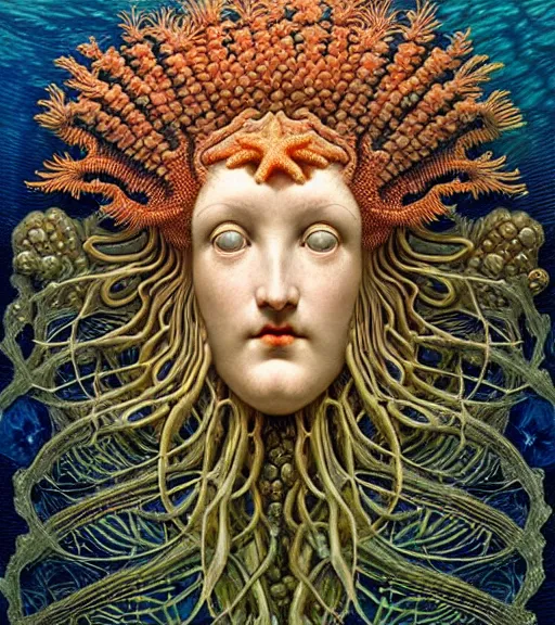 Prompt: hyperrealistic detailed underwater face portrait of the beautiful god of the fish with an intricate headgear of corals, sea kelp, sea plants, fish, starfish, jellyfish, art by ernst haeckel, james jean, john william godward, gothic, neo - gothic, ornamental, beautiful deep colours,