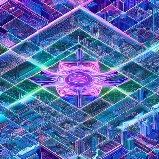 Image similar to an isometric cityscape photo shot from a helicopter trending on artstation 4 k neon colors intricate extremely detailed digital art by alex grey infinite wisdom sacred geometry