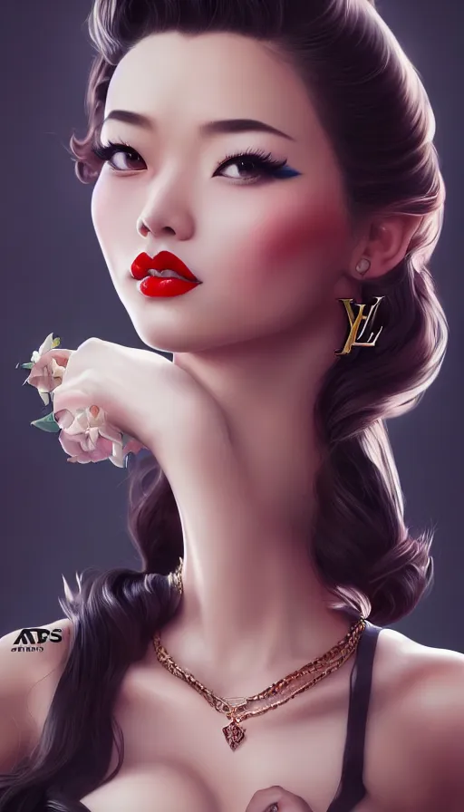 Image similar to a pin up and beautiful fashion and charming and dreamlke asian girl with lv jewelry, medium shot, art by artgerm & ross tran & wlop, hyperdetailed, 8 k realistic, symmetrical, frostbite 3 engine, cryengine, dof, trending on artstation, digital art