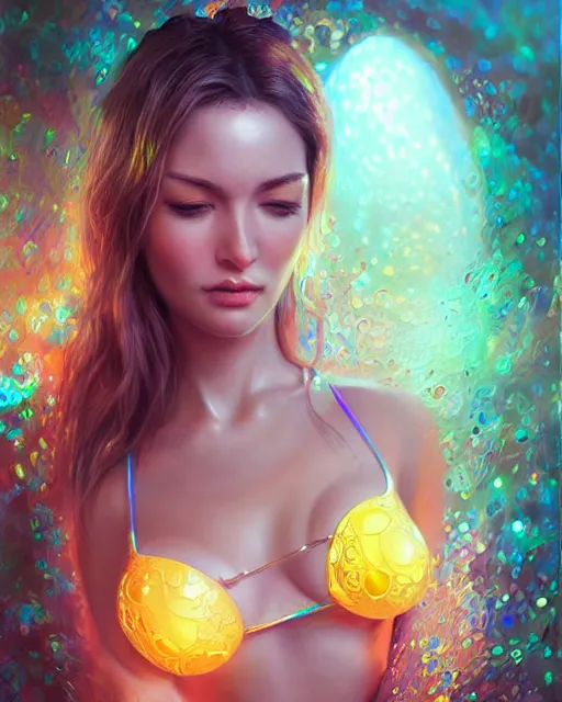 Image similar to cute woman wearing shiny plastic bikini inside an ornate bottle of iridescent liquid, alchemy, intricate, bloom, detailed, volumetric lighting, sharp focus, photorealism, digital painting, highly detailed, concept art, by by artgerm and wlop