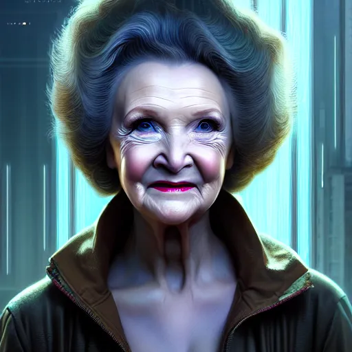 Image similar to portrait, cyberpunk young betty white, unreal engine realistic render, 8 k, micro detail, intricate, elegant, highly detailed, digital painting, artstation, smooth, sharp focus, illustration, artgerm, tomasz alen kopera, peter mohrbacher, donato giancola, joseph christian leyendecker, wlop, boris vallejo