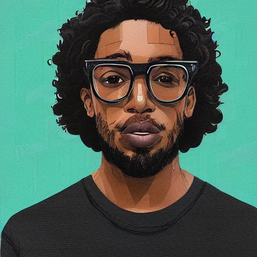 Prompt: A black man with long curly hair, wearing glasses, profile picture by Sachin Teng, asymmetrical, Organic Painting , Matte Painting, geometric shapes, hard edges, graffiti, street art:2 by Sachin Teng:4