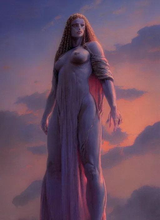 Prompt: biblical beautiful female digital druid, glowing veins, in clouds, sunset, portrait by wayne barlowe, by peter elson, muted colors, by frank frazetta, extreme detail, reflections, trending on artstation, 8 k