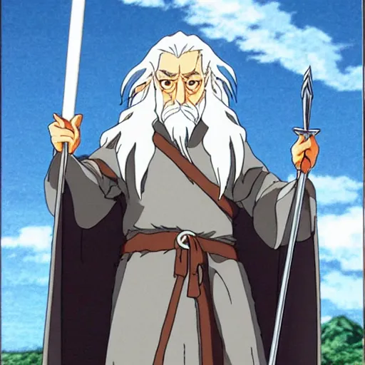 Image similar to gandalf from the anime lord of the rings (1986), studio ghibli, very detailed, hyperrealistic