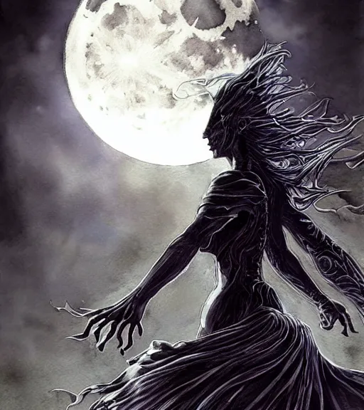 Image similar to book cover art, female dark witch in front of the full big moon, watercolor, dramatic lighting, cinematic, establishing shot, extremely high detail, foto realistic, cinematic lighting, pen and ink, intricate line drawings, by Yoshitaka Amano, Ruan Jia, Kentaro Miura, Artgerm, post processed, concept art, artstation, matte painting, style by eddie mendoza, raphael lacoste, alex ross