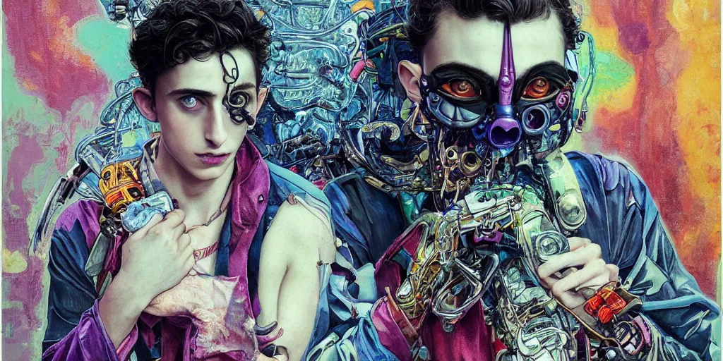 Prompt: timothee chalamet as a mutant cyberpunk with a metal jaw, orchid, portrait face, colorful, kupka, intricate, miles johnston, kuroda seiki, ozabu, godward, painterly, yoshitaka amano, moebius, miles johnston, louise zhang, james jean, mark ryden lowbrow pop surrealism art style