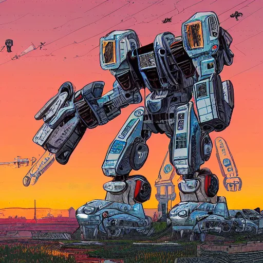 Image similar to hyper detailed comic illustration of a giant mechwarrior robot and the sunset in the distance, by Josan Gonzalez and Geof Darrow, highly detailed, 8k wallpaper