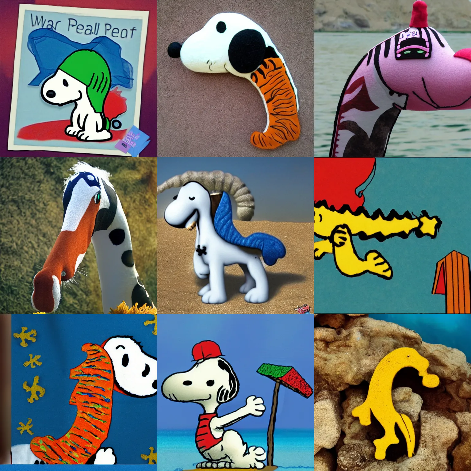 Prompt: top part snoopy head mix down part sea horse the tail