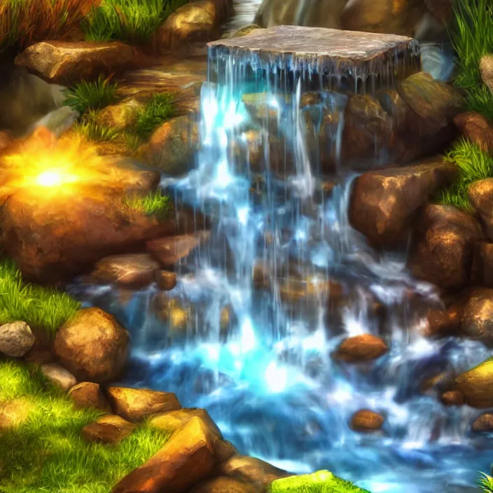 Prompt: Single waterfall with treasure hidden behind the water stream, photo realistic, glowing chest