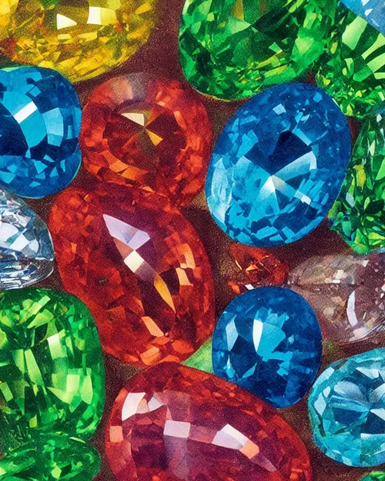 Prompt: “extreme close up print of multi-colored gemstones by Raphael, Hopper, and Rene Magritte.”