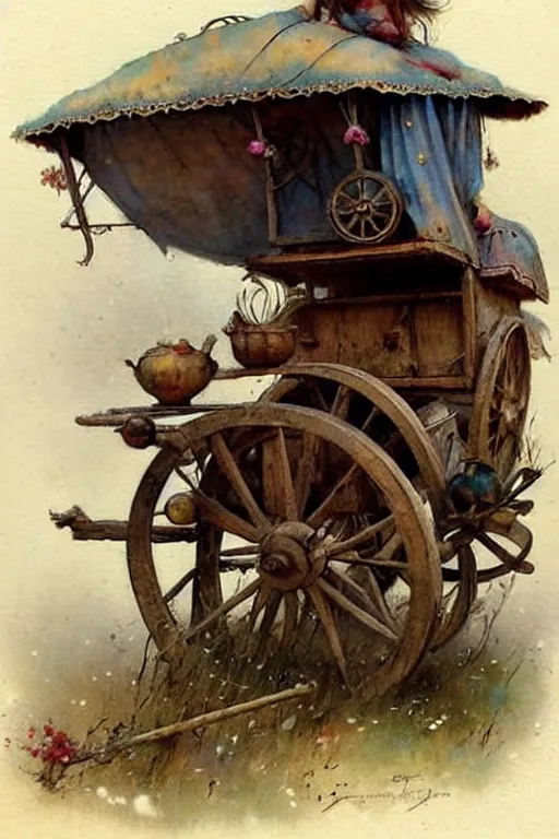 Prompt: (((((1950s fairy tale gypsy wagon . muted colors.))))) by Jean-Baptiste Monge !!!!!!!!!!!!!!!!!!!!!!!!!!!