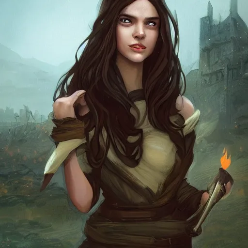 Prompt: portrait of a young beautiful woman with long dark brown hair, green eyes, tan skin, wearing a medieval rogue outfit, casting a flame in one hand that illuminates her face, abandoned ruins landscape, nightime, fantasy rpg, ambient lighting, 8k, illustration, concept art, charlie bowater, lois van baarle, ilya kuvshinov, rossdraws, artstation
