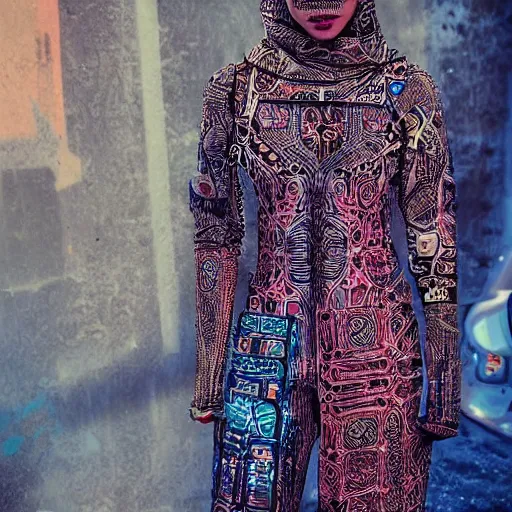 Prompt: arabic pattern, cyberpunk, fashion design, alien