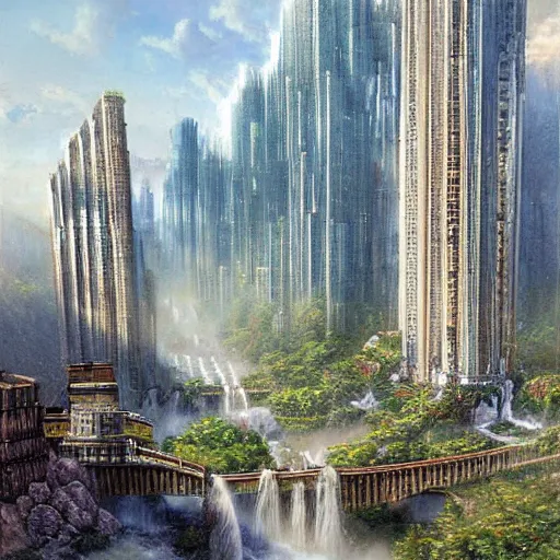 Prompt: waterfall city by james gurney