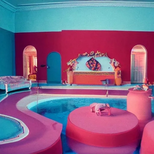 Image similar to film still from surreal arthouse film, avant garde, wes anderson color palette, unusual lighting choices, award winning set design