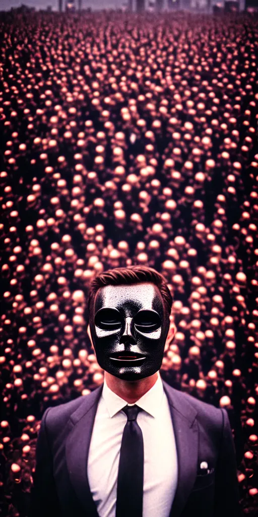 Prompt: sharp portrait of a man in a suit with a face made of black shiny leather standing in los angeles with blured crowd of zombies on a background, bokeh, detailed, film photography, kodak portra 4 0 0, mamiya,