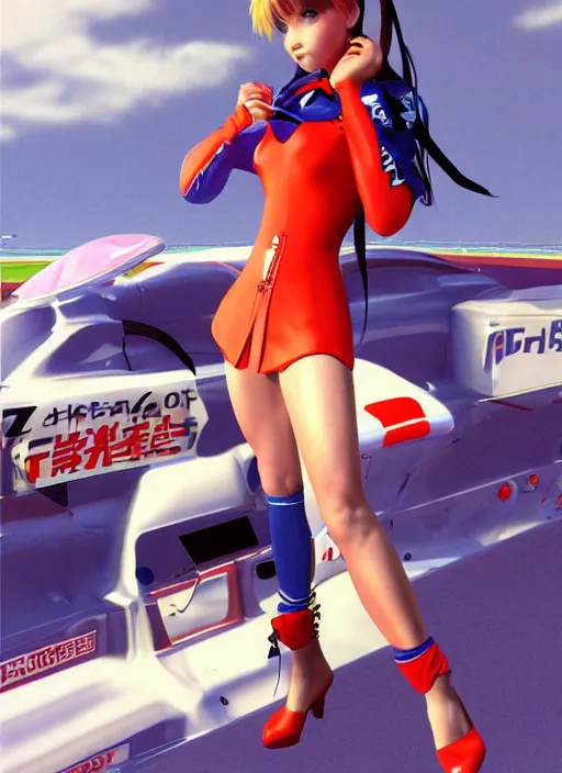 Prompt: Promotional poster 3D render from an old japanese racing game from the 90's depicting a girl dressed as a racing driver.