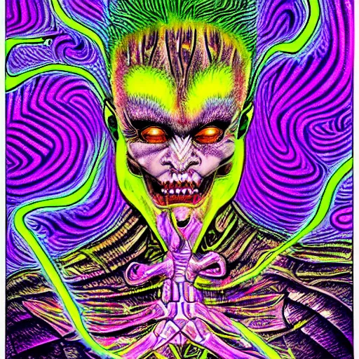 Prompt: a psychedelic godlike humanoid, hyper detailed, in the style of h. r. giger and junji ito and bob ross and lisa frank, selfie
