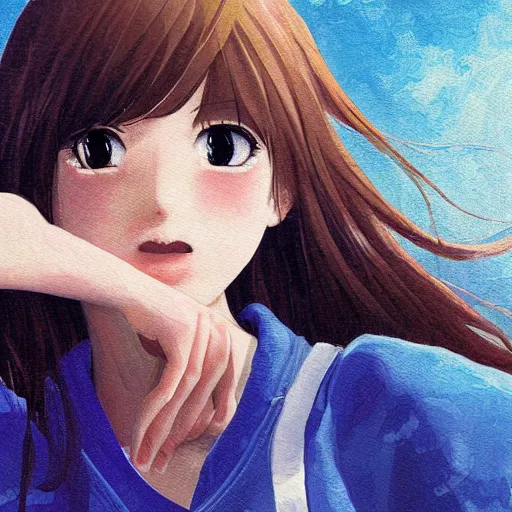 Image similar to a high detail portrait of high school girl by makoto sinkai, kawaii, in simple background, CLIP STADIO, mad painting