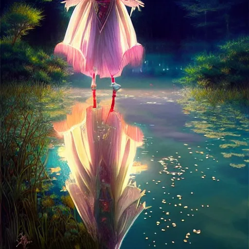 Image similar to beautiful young girl in intricate clothing by ross tran, walking on a crystal clear lake at night, painted by sana takeda, reflections, very high intricate details, painting by liu xiaodong, digital anime art, medium shot, mid - shot, composition by ilya kuvshinov, lighting by greg rutkowski