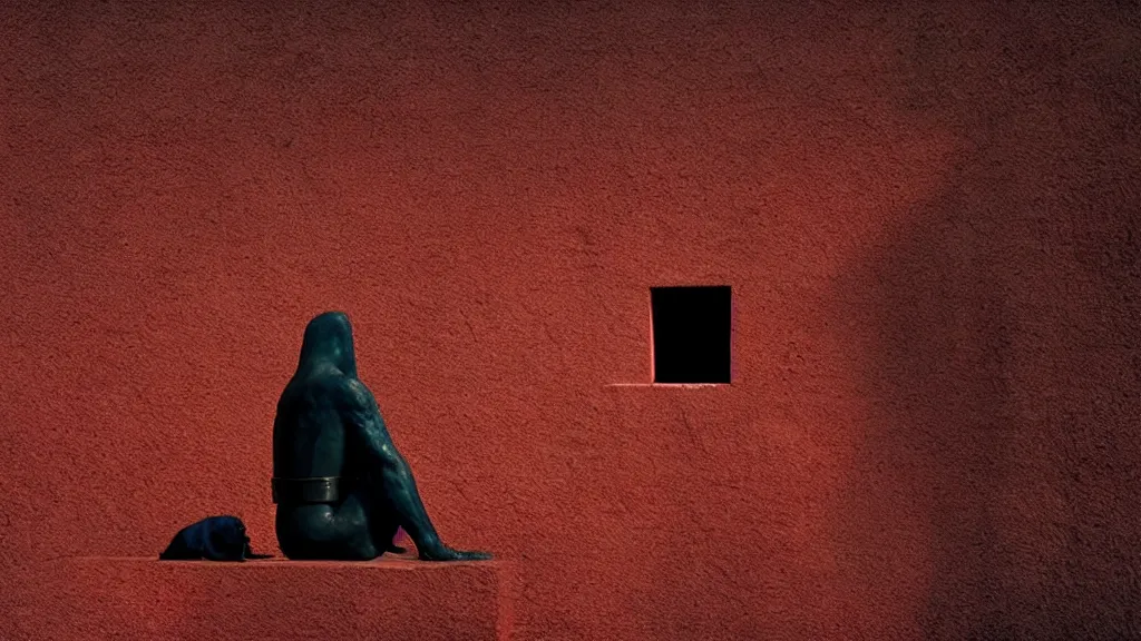 Image similar to the strange creature sits on the wall, made of blood, film still from the movie directed by Denis Villeneuve with art direction by Salvador Dalí, wide lens