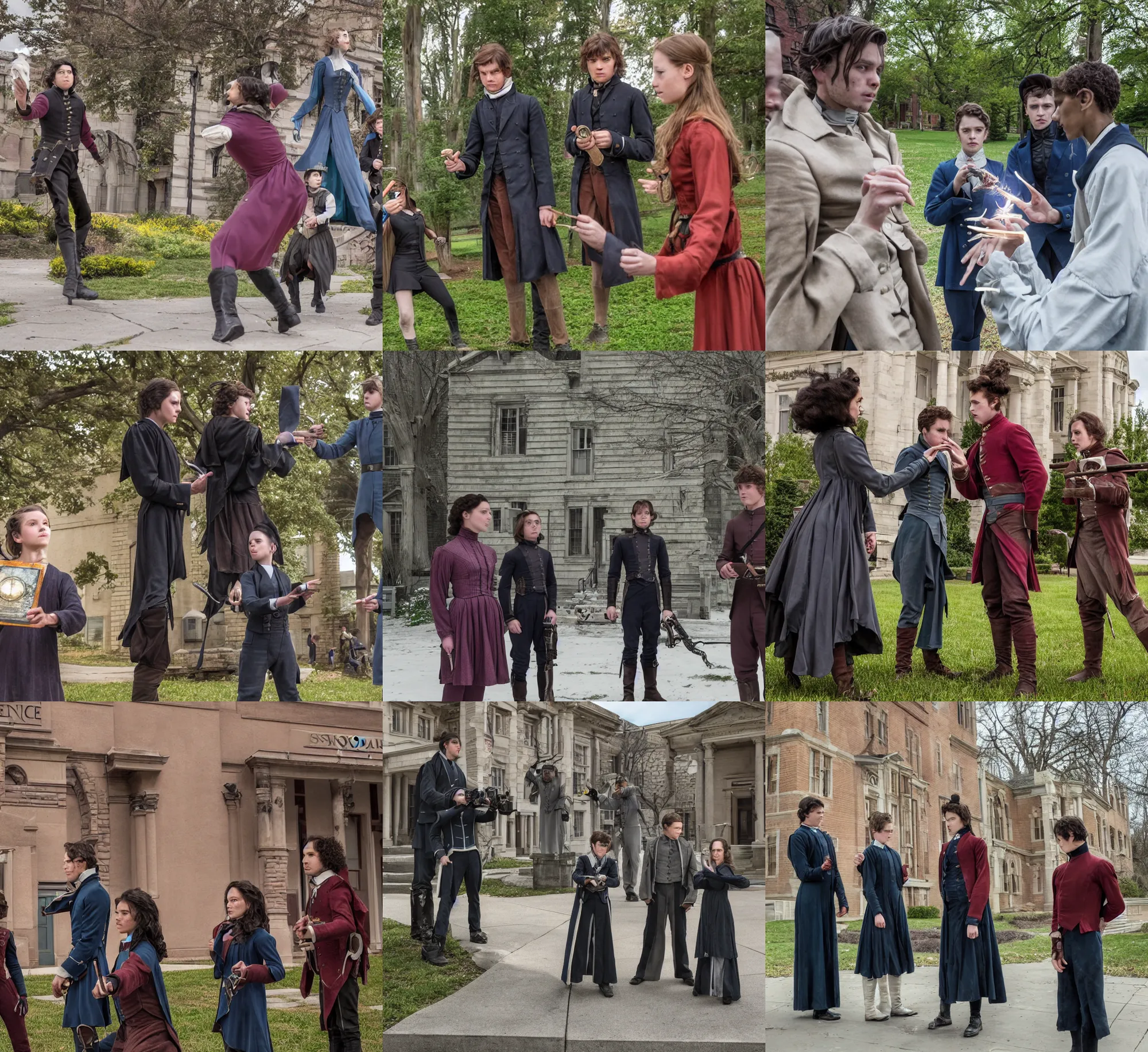 Prompt: sharp, highly detailed, freeze frame, from a 2 0 1 9 sci fi color movie, set in 1 8 5 0 in an alternate universe, mid distant shot of three students practicing magic, outside the'school of science and magic ', era clothing, good lighting, in focus, detailed eyes, 3 5 mm macro lens, award winning lighting, award winning photography