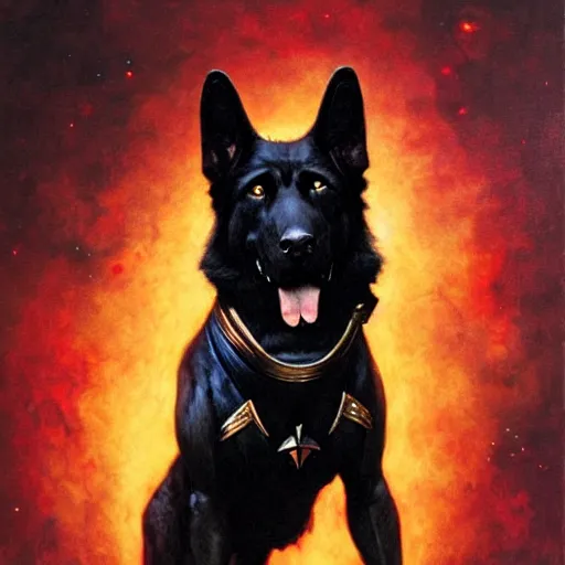 Prompt: a portrait of a black german shepard dogman canine star trek captain red shirt. highly detailed painting by gaston bussiere, craig mullins, j. c. leyendecker, furry