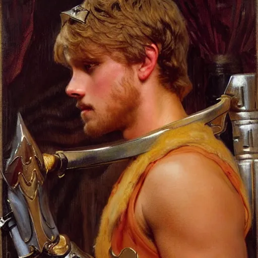 Image similar to attractive fully clothed arthur pendragon confesses his love for his attractive fully clothed male knight. highly detailed painting by gaston bussiere and j. c. leyendecker 8 k